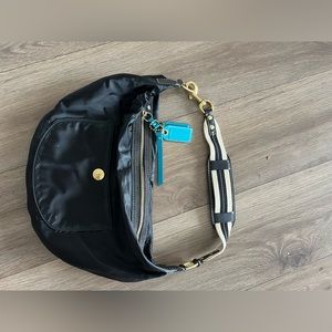 Coach Hampton Black Hobo Shoulder Bag Nylon Teal Stitching With Teal Lining
